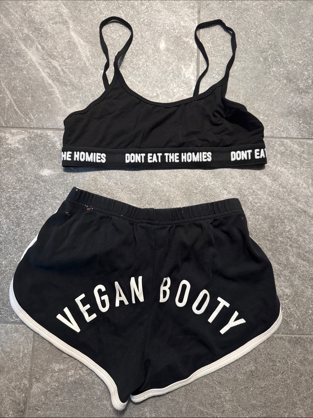 Black Two-Piece 'Don't Eat The Homies' Bralette & 'Vegan Booty' Shorts Set